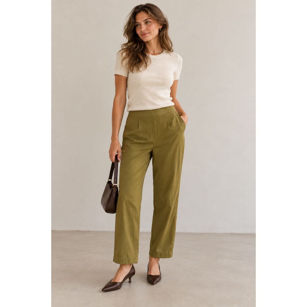 Dressbarn 100% Silk Olive Green Straight Leg Pants Women’s 14 Side Zip Lined